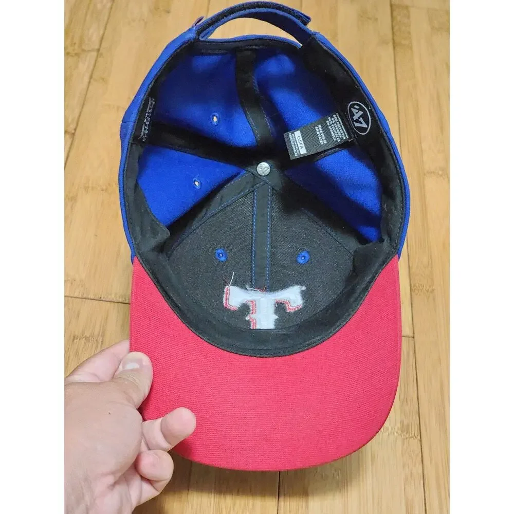 Texas Rangers Hat Cap Strap Back Blue Red MLB Baseball Adjustable Logo '47 OSFA